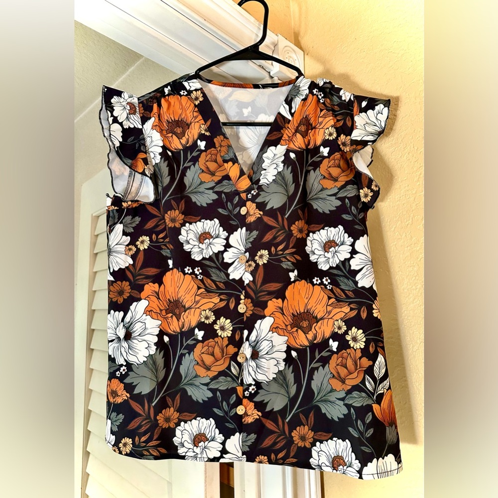 Floral V-Neck Blouse with Ruffle Sleeveless Sleeves